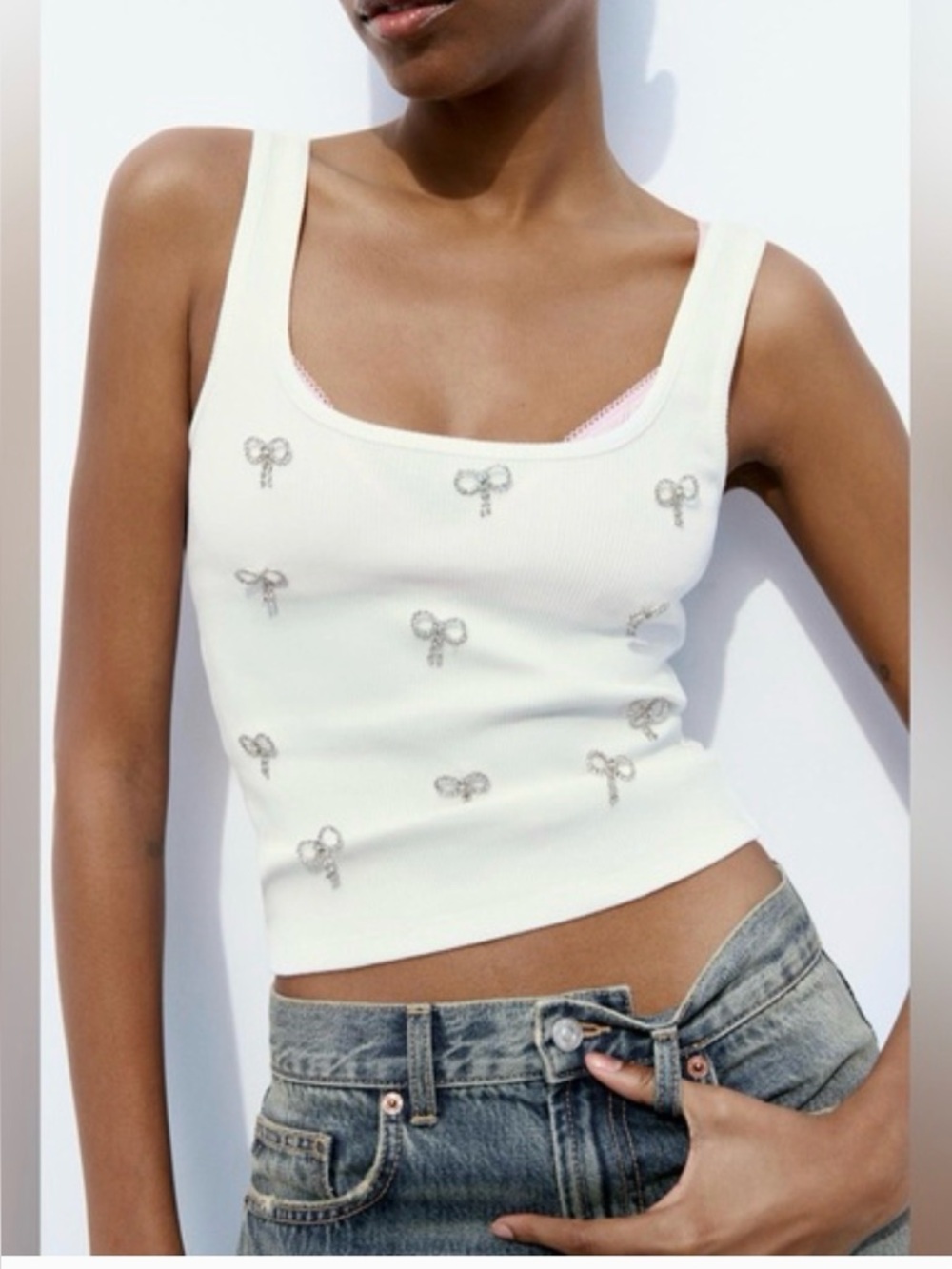 Zara Ribbed Knit Tank Top with Bow Embellishments